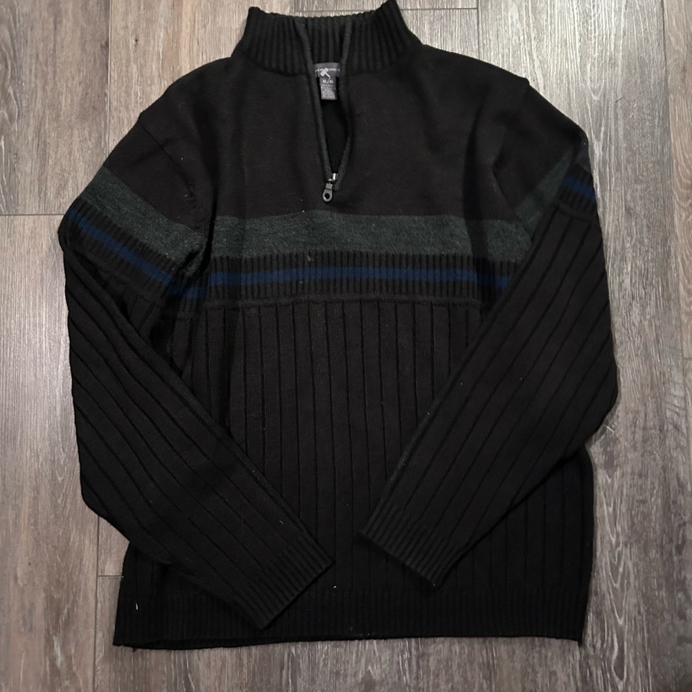Men's Black Half-Zip Ribbed Sweater with Green and Navy Stripes